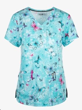✨ KOI Next Gen Splatterflies Women's 2-Pocket STRETCH V-Neck Print Scrub Top